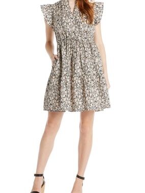 Time and Tru Beige Floral Mini Dress with Black Accents